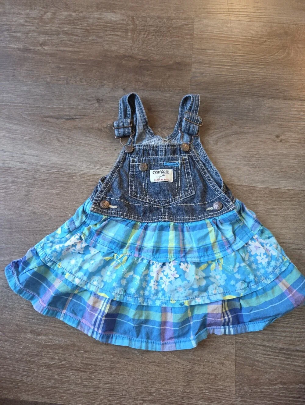 Y2K Style Oshkosh Overall Dress Plaid Patchwork Prints, Baby Toddler Girls 18m